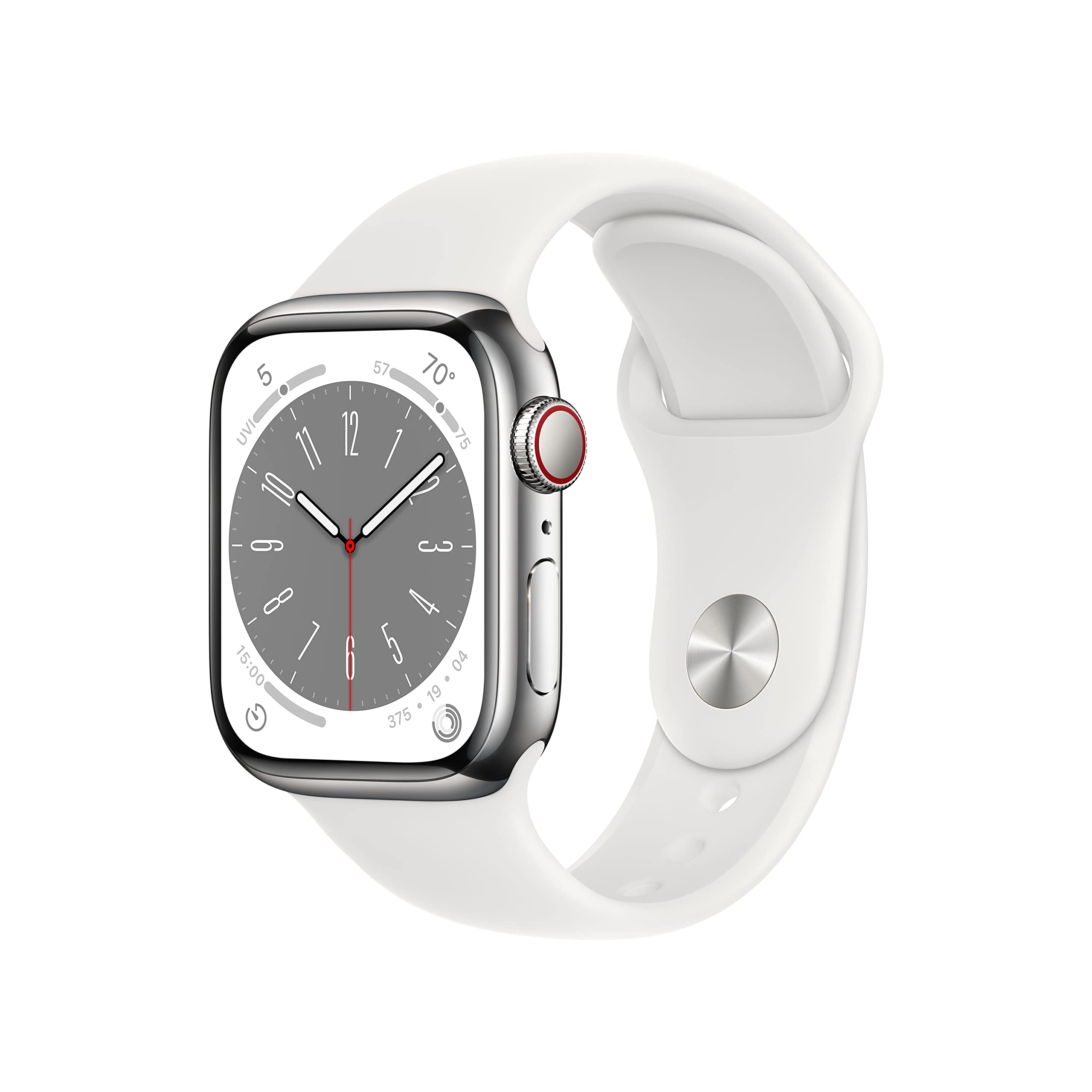 Apple Watch Series 8 (GPS + Cellular, 41mm) - Silver Stainless Steel Case with White Sport Band M/L MNV73LL/A