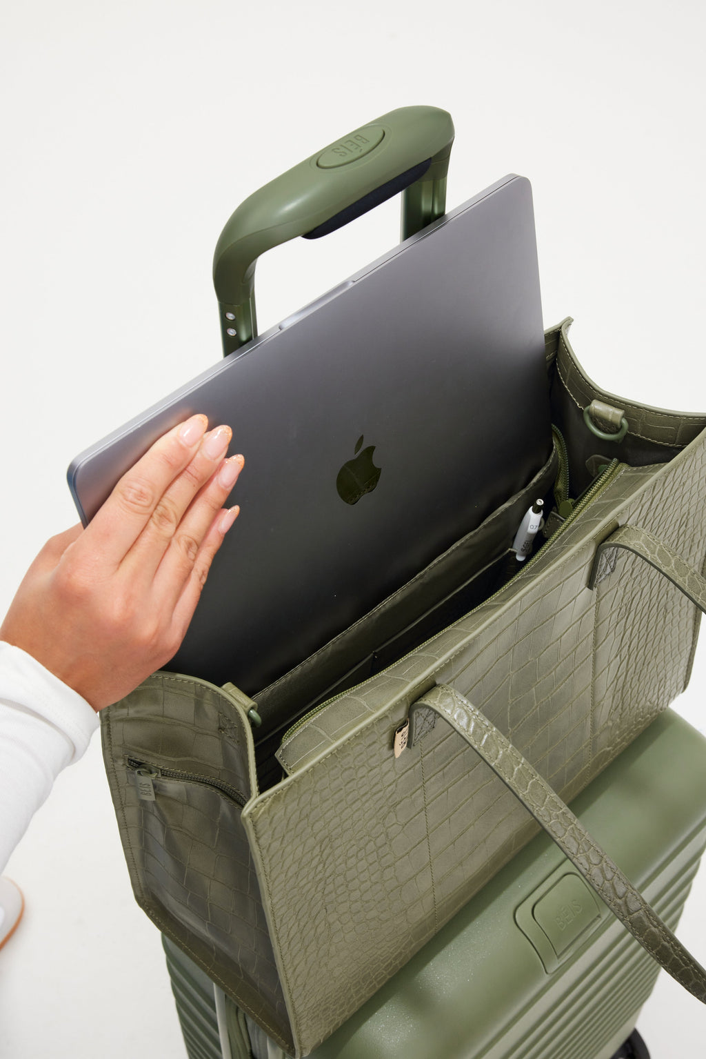 The Work Tote in Olive Croc